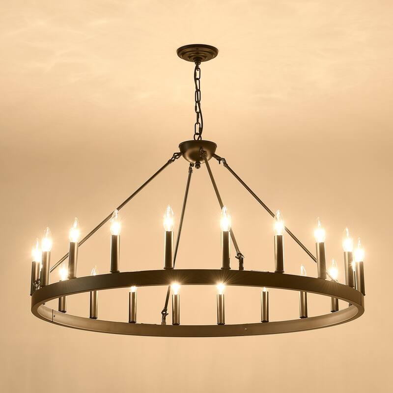 20-Light 39.4INCH Extra Large Wagon Wheel Chandelier, Black Farmhouse Round Wheel Chandelier Light Fixtures-E12 - Brown