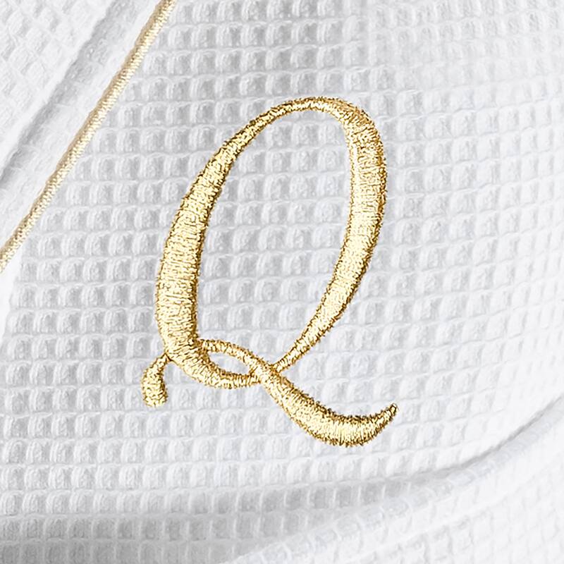Authentic Hotel and Spa White/Gold Unisex Turkish Cotton Waffle Weave Terry Bath Robe with Gold Script Monogram