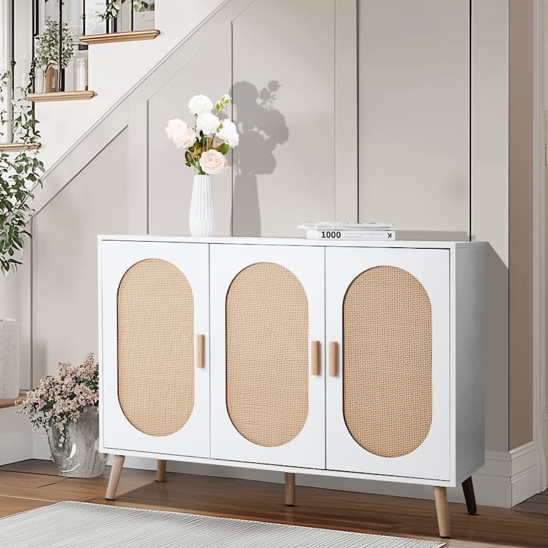 3-Door Shoe Cabinet with White Frame and Oval Rattan Surface Perfect for Home Entry Storage - 44.49"L × 15.75"W × 32.87"H