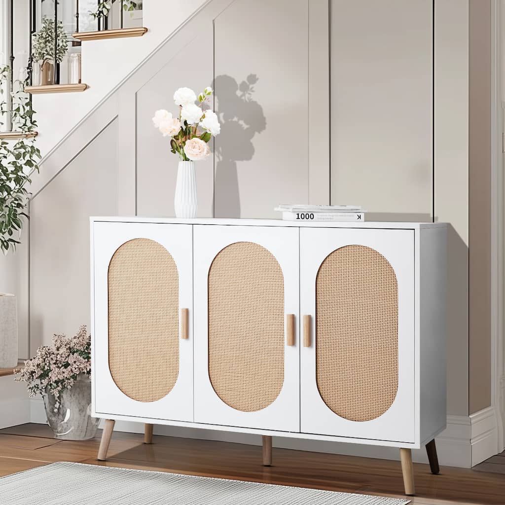 3-Door Shoe Cabinet with White Frame and Oval Rattan Surface Perfect for Home Entry Storage - 44.49"L × 15.75"W × 32.87"H