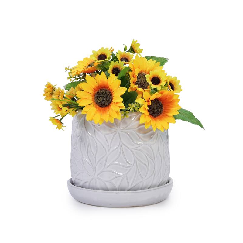 Set of 2 Handmade Modern Embossed Leaf Ceramic Planters with Saucers