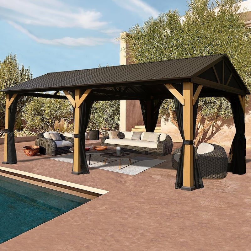 12'x20' Cedar Wood Gazebo with Galvanized Steel Roof, Privacy Walls, and Ceiling Hooks