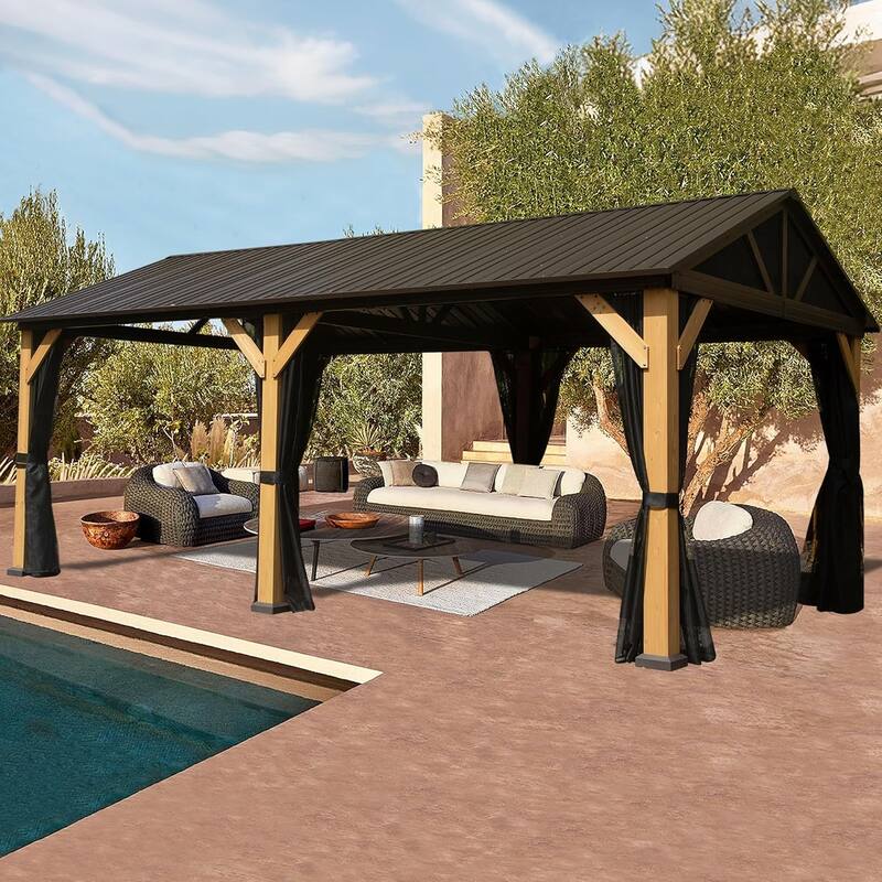 12x20 Cedar Wood Gazebo with Steel Roof for Outdoor Backyard Patio Pool Wind Snow Resistant