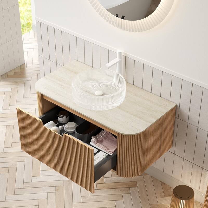 Floating Bathroom Vanity with Transparent Round Glass Basin