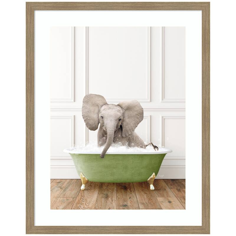 Kate and Laurel Baby Elephant in Transitional Bathtub by Amy Peterson Framed Wall Art Print - 27 x 34 - Brown
