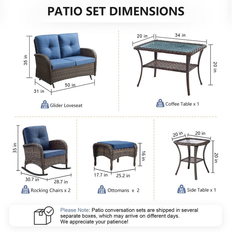 Pocassy 7 Pieces Glider Sofa with Rocker Chairs Ottomans Table