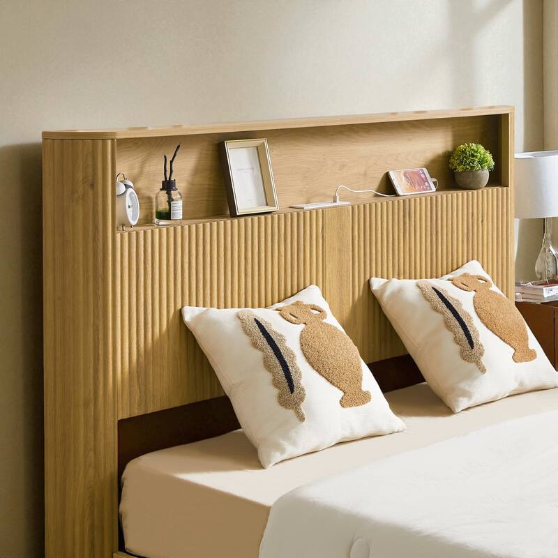Full XL/Queen Bed Frame with Storage Headboard, USB Charging Station, Noise-Free Metal Platform with Curved Design