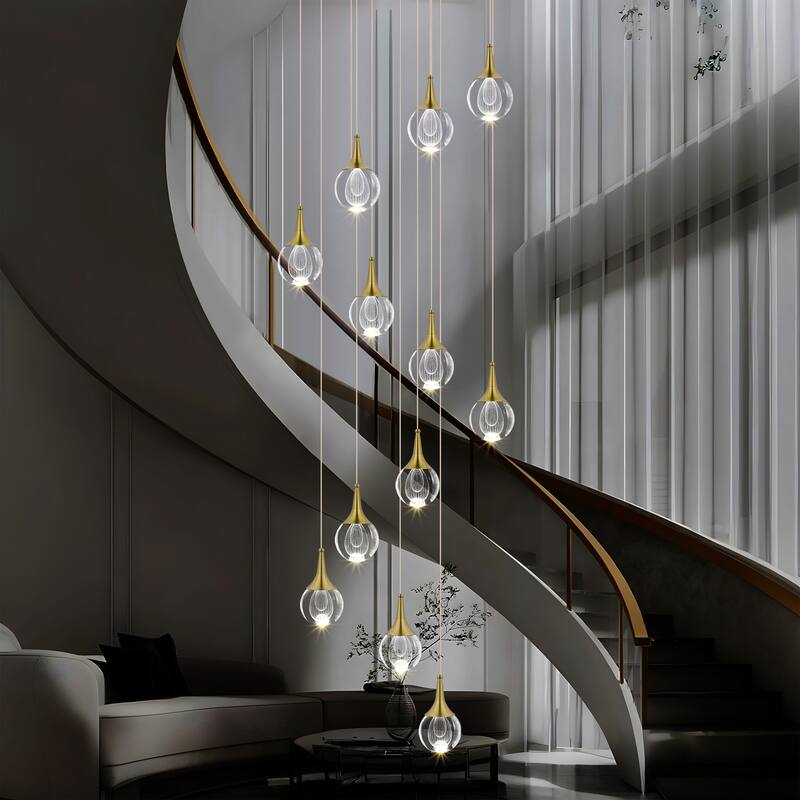 Starsky Modern 12-Light Cluster Raindrop Chandelier Stair Entryway Cluster Light for High Ceiling - Gold - Gold