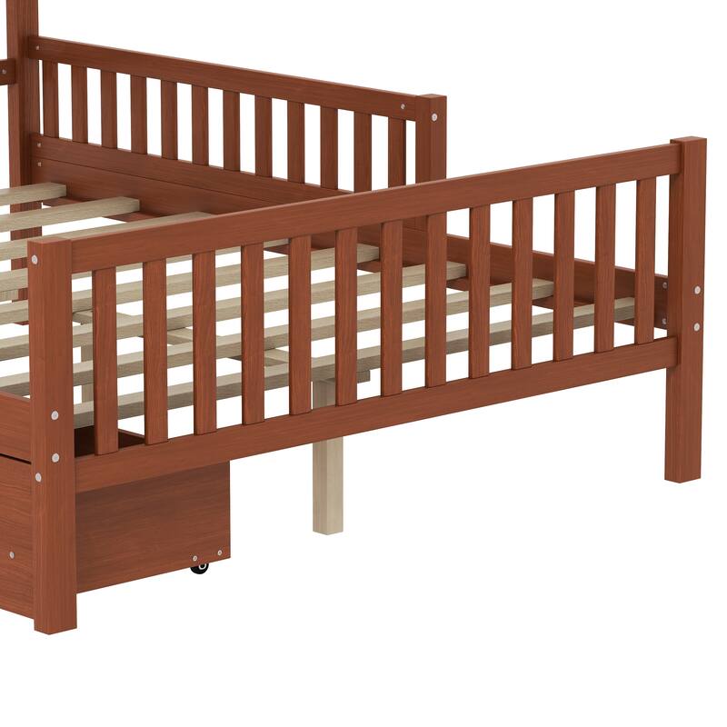 Full Size Wood Platform Bed with Guardrails on Both Sides