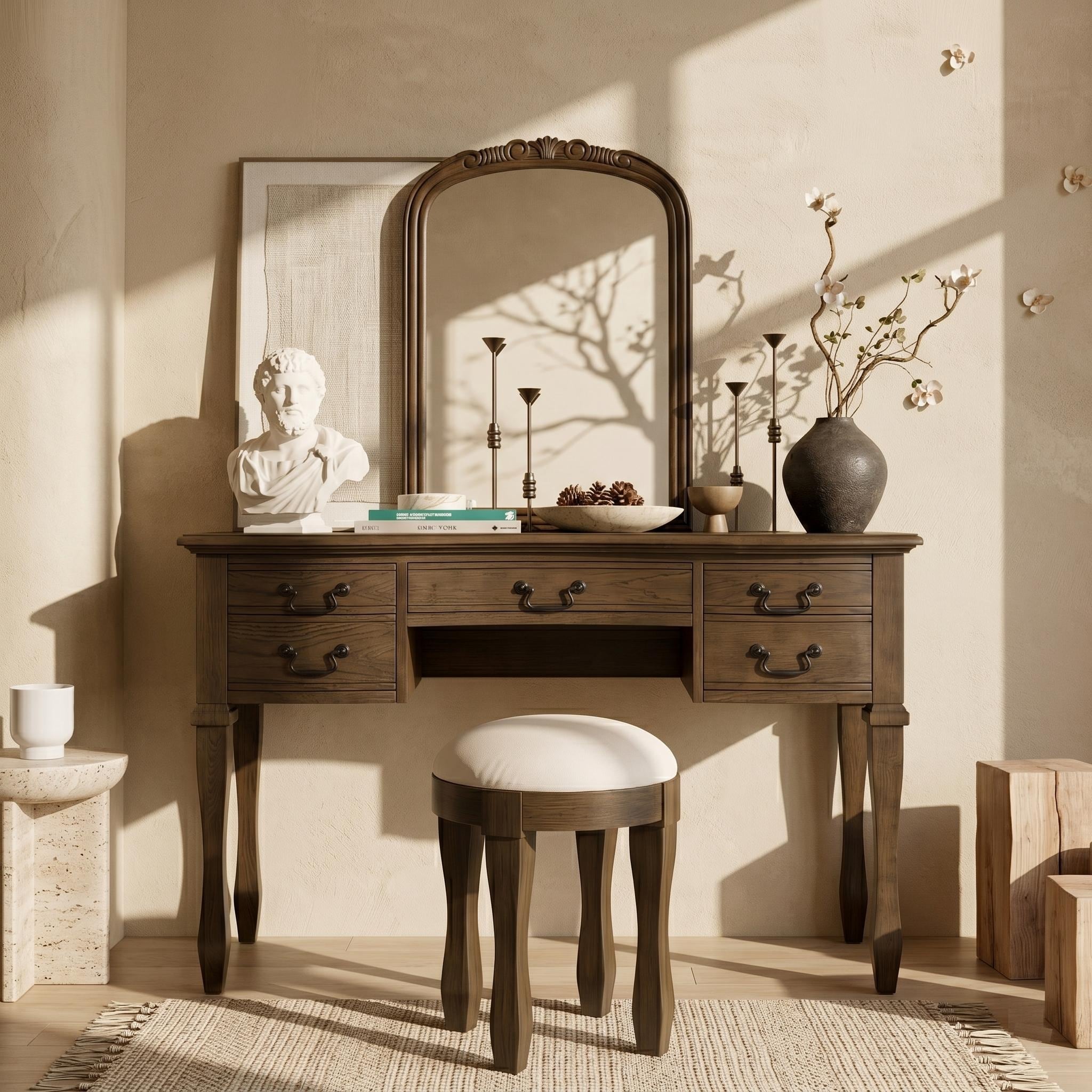 46 Vintage Makeup Vanity with Curved Flower Frame Mirror, Elegant Dressing Table with 5 Drawers and Leather Stool