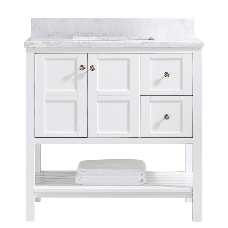 BATHLET White 36 inches Bathroom Vanity with Marble Top and Open Shelf - Cultured Marble Top