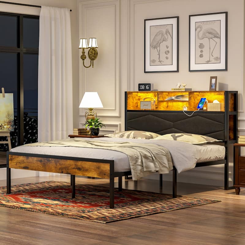 VECELO PU Leather Smart Bed Frame with RGB LED Lights and Bookcase Storage USB Outlet Charging Headboard No Box Spring