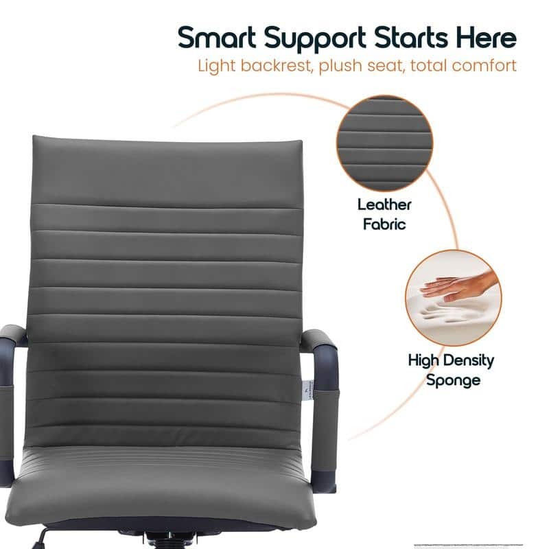 Harris Ribbed Leather Adjustable High-Back Desk Computer Swivel Office Chair in Black Metal Frame for Home Conference
