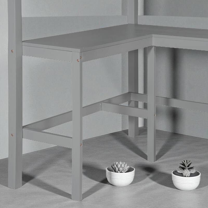 Twin Size Loft Bed with Shelves and Desk, Wooden Frame with Sturdy Ladder and Guardrails