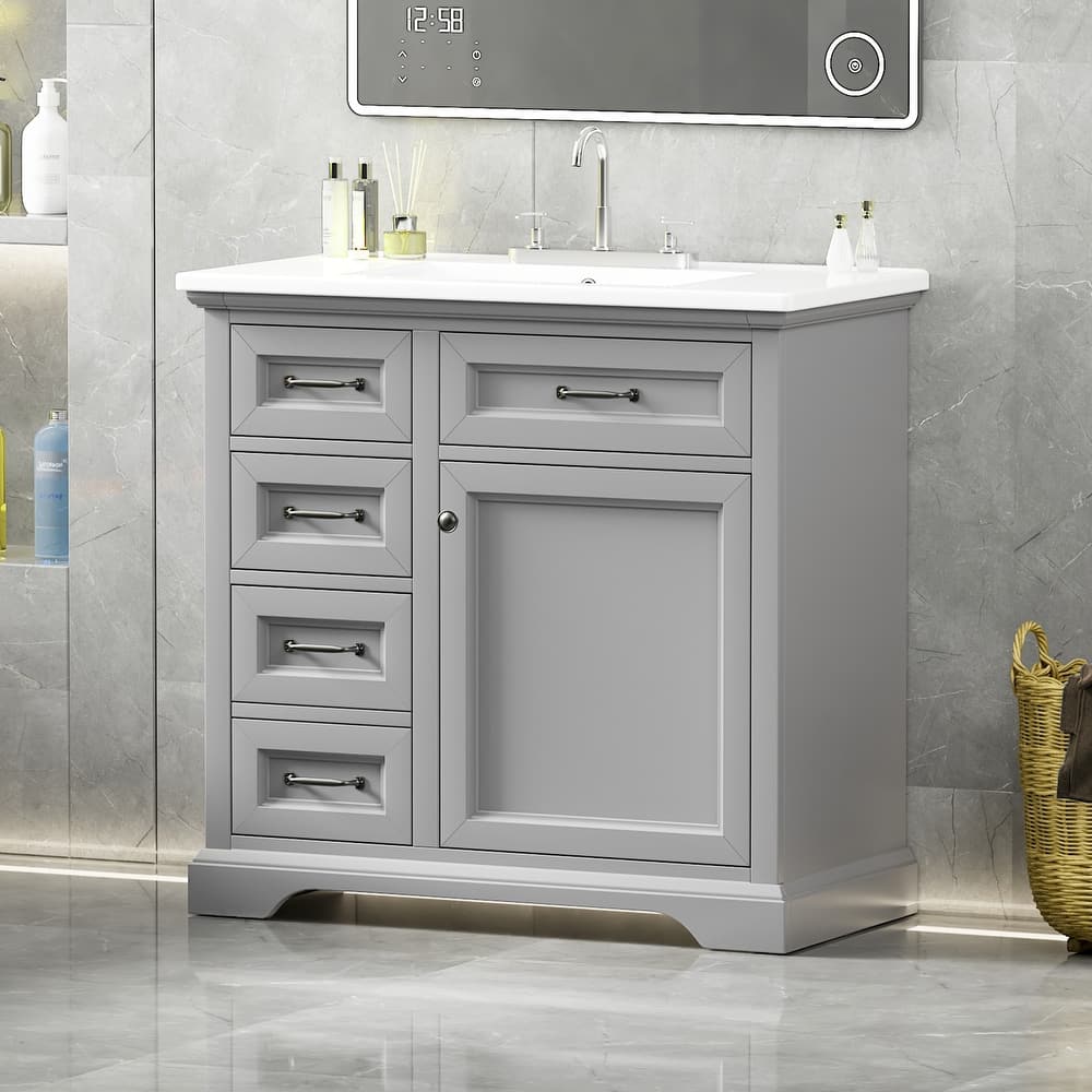 Roomfitters 36" Bathroom Vanity with Ceramic Sink, 2 Tip-out Drawers and Smart Storage Organizer