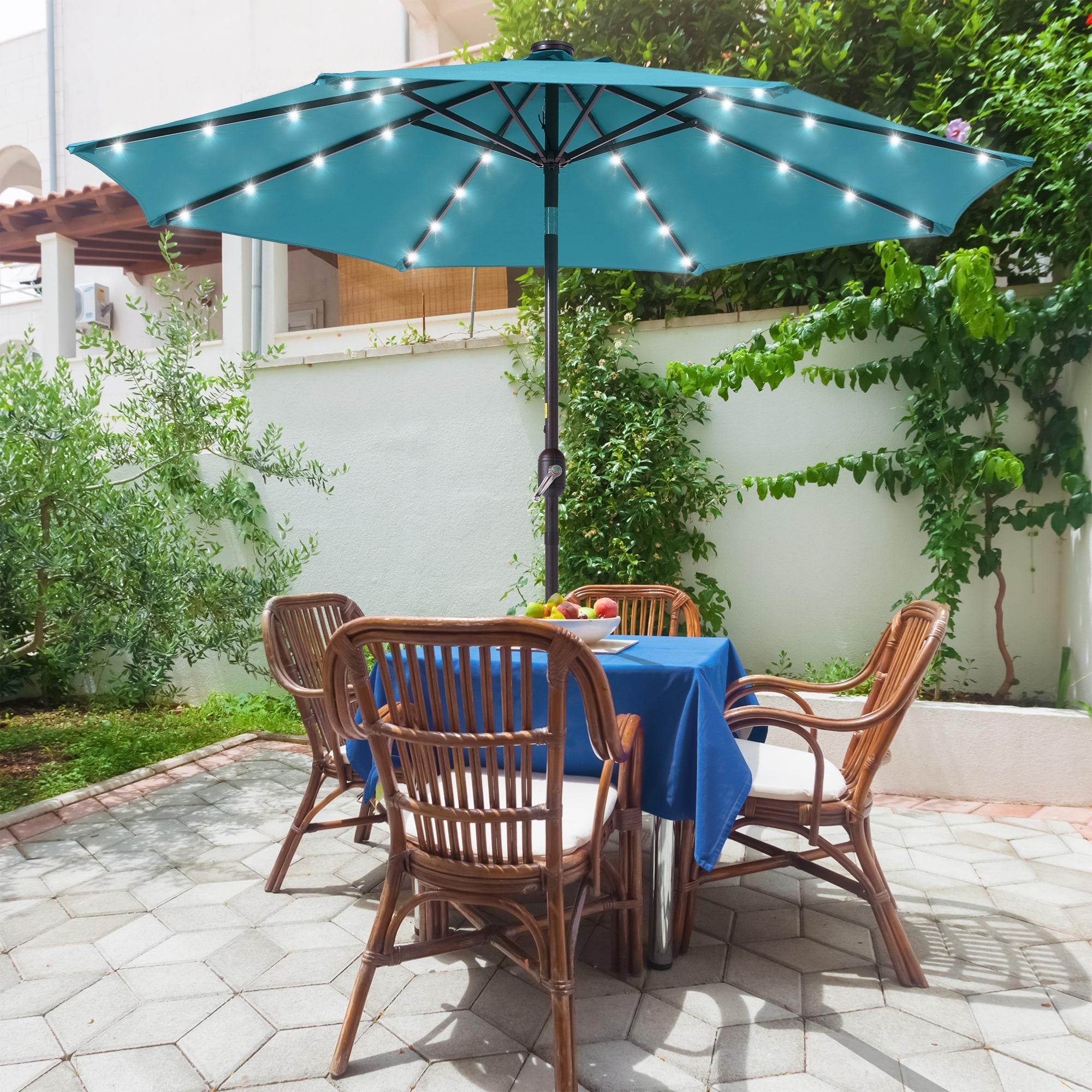 BONOSUKI Outdoor 9FT LED Round Patio Umbrella with UV Protection, Easy Tilt, and Wind-Resistant Features
