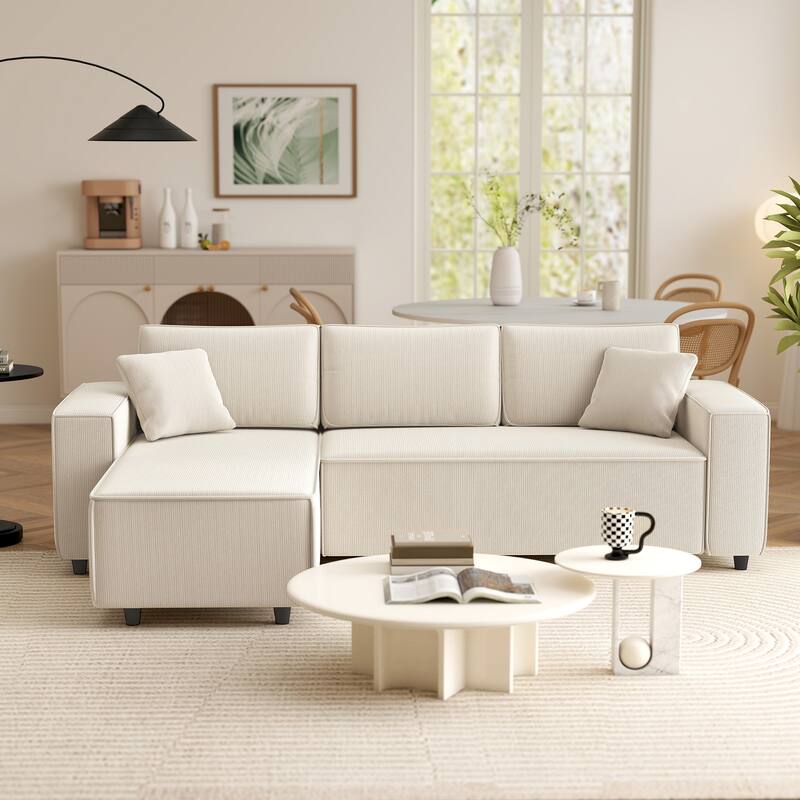 HOMCOM 95" Sectional Sofa with Reversible Chaise Lounge, L-Shaped Corner Sofa with Corduroy Fabric, Pocket Spring, 2 Pillows