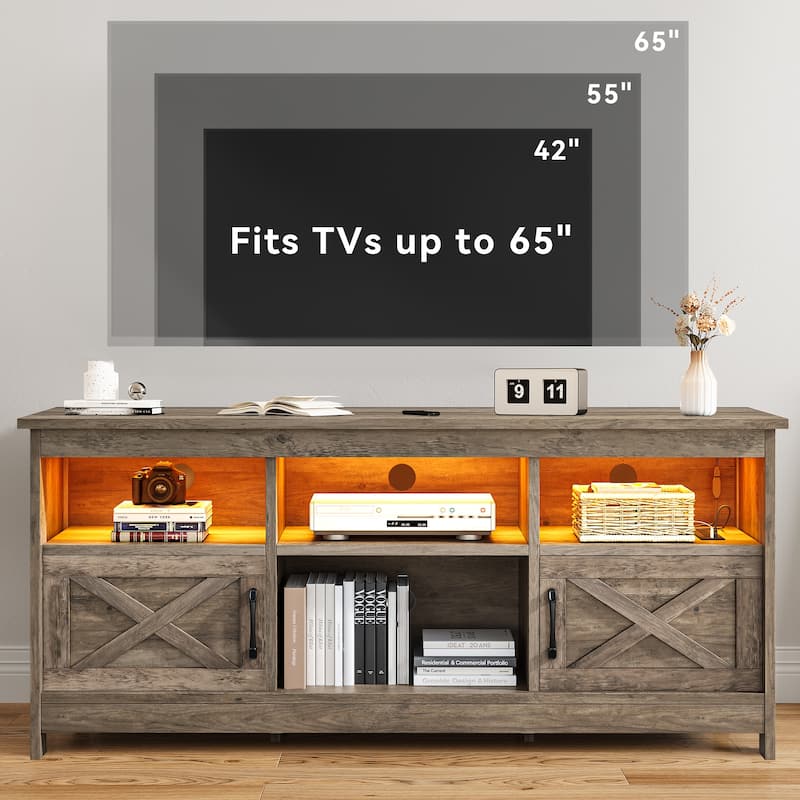 Moasis 70"/59" Farmhouse TV Stand for 80"/65" TV with Outlet and Lights