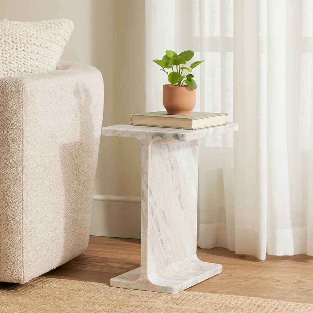 Isy Accent End Table, 15 Inch Natural Tan Brown I-Beam Shaped Marble