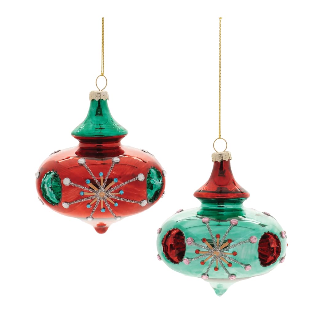 Set of 6 Glittered Glass Reflector Christmas Ornaments Red & Green, 3.25" Traditional Holiday Décor with Jeweled Accents