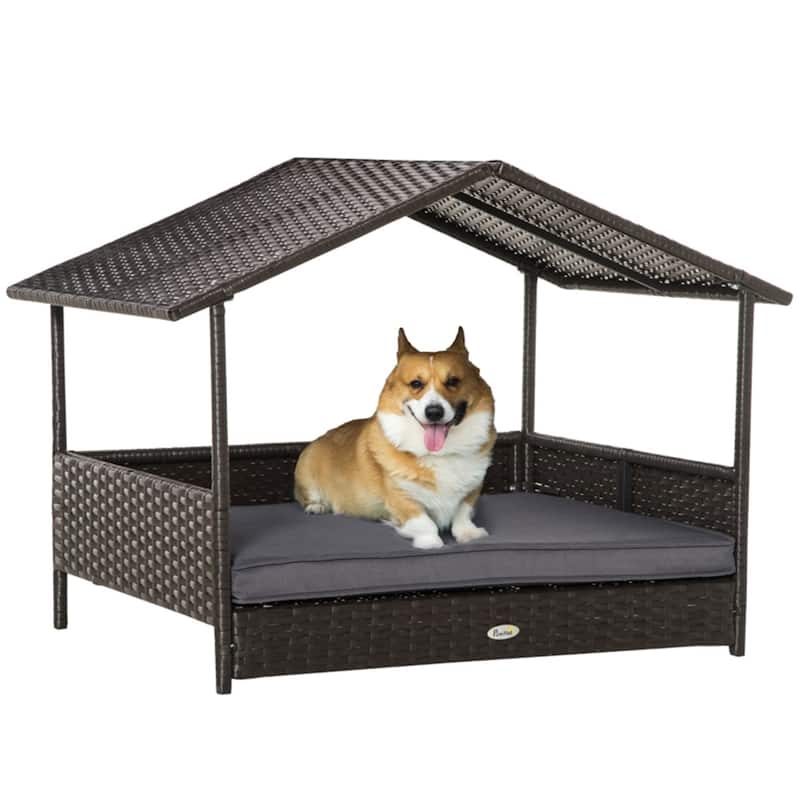 Elevated Rattan Dog Bed with Soft Cushion, Anti-Slip Pads, Ideal for Small to Medium Dogs - 38.5" L x 27.25" W x 27.5" H - Dark-Brown-Grey