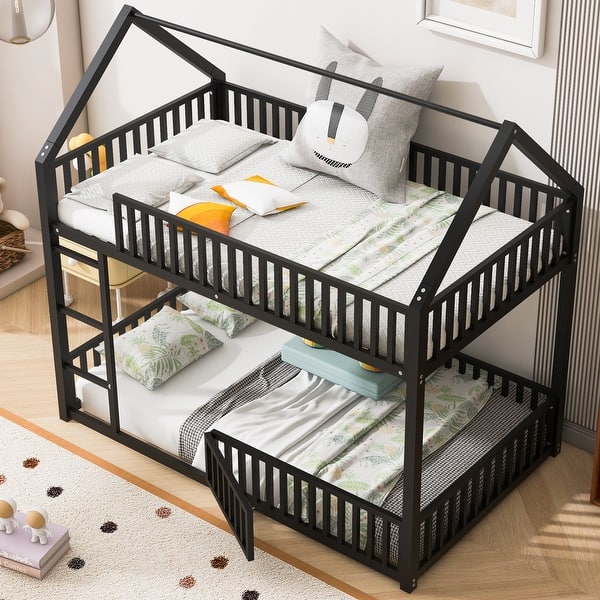 slide 2 of 20, Twin over Twin House Bunk Bed, Modern Metal Floor Bunk Bed Frame with Full-length Guardrail & Door for Kids Bedroom Black