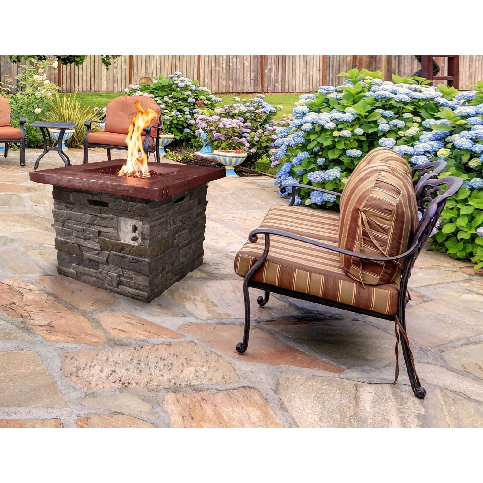 Outdoor Brown Wood and Brick Square Gas Fire Pit with Lava Rocks - 24\, image size:1579x1579