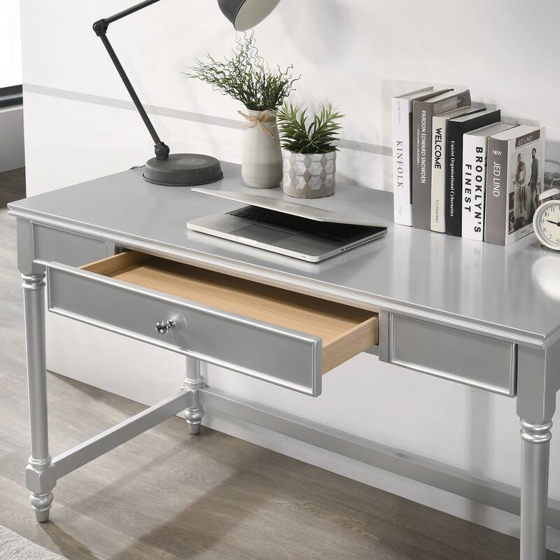 Nexles Glam Silver Wood 1-Drawer Desk with Chair Set by Furniture of America