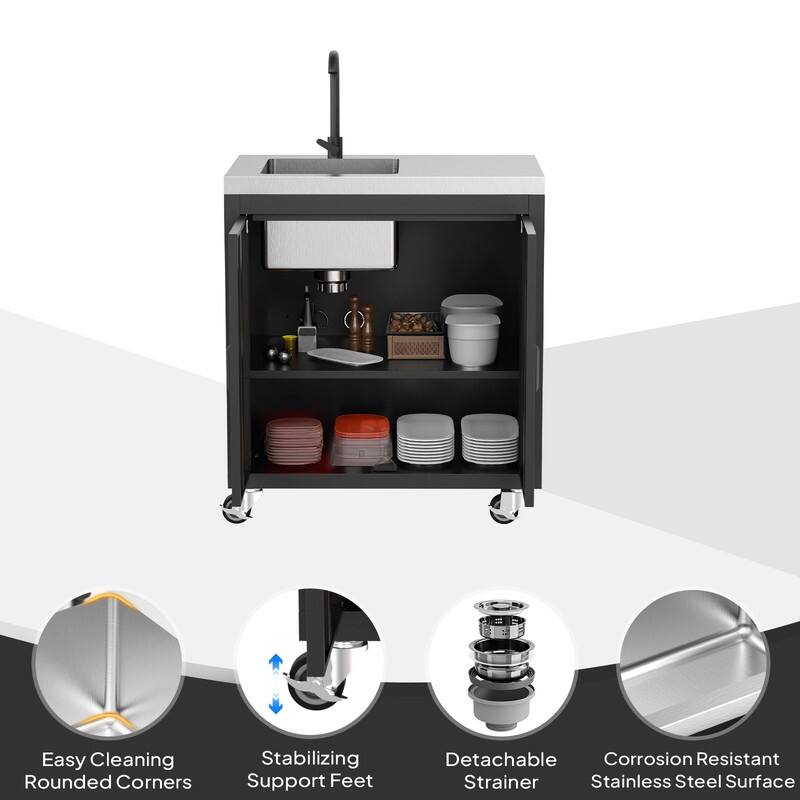 34.5 In. Heavy-Duty Freestanding Stainless Steel Utility Sink With Cabinet And Wheels