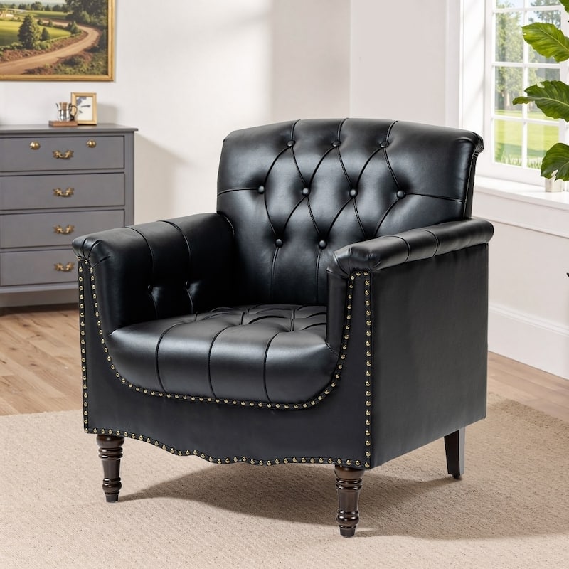 Modern Tufted Accent Chair with Nailhead Trim, Faux Leather Armchair