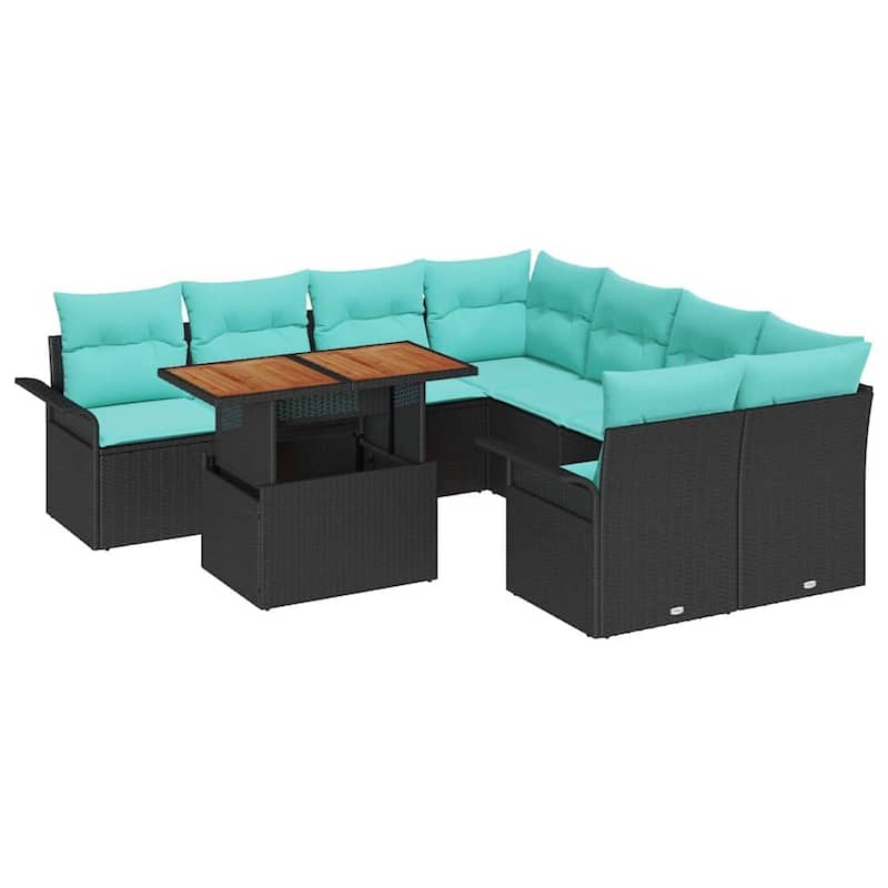 vidaXL 9 Piece Garden Sofa Set with Cushions Black Poly Rattan - 95.5×92.1×27.2