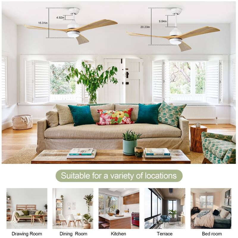 52" Solid Wood Blades Ceiling Fan with Lights Remote Control, Quiet DC Motor 3 Blade Ceiling Fans 6 Speed Levels