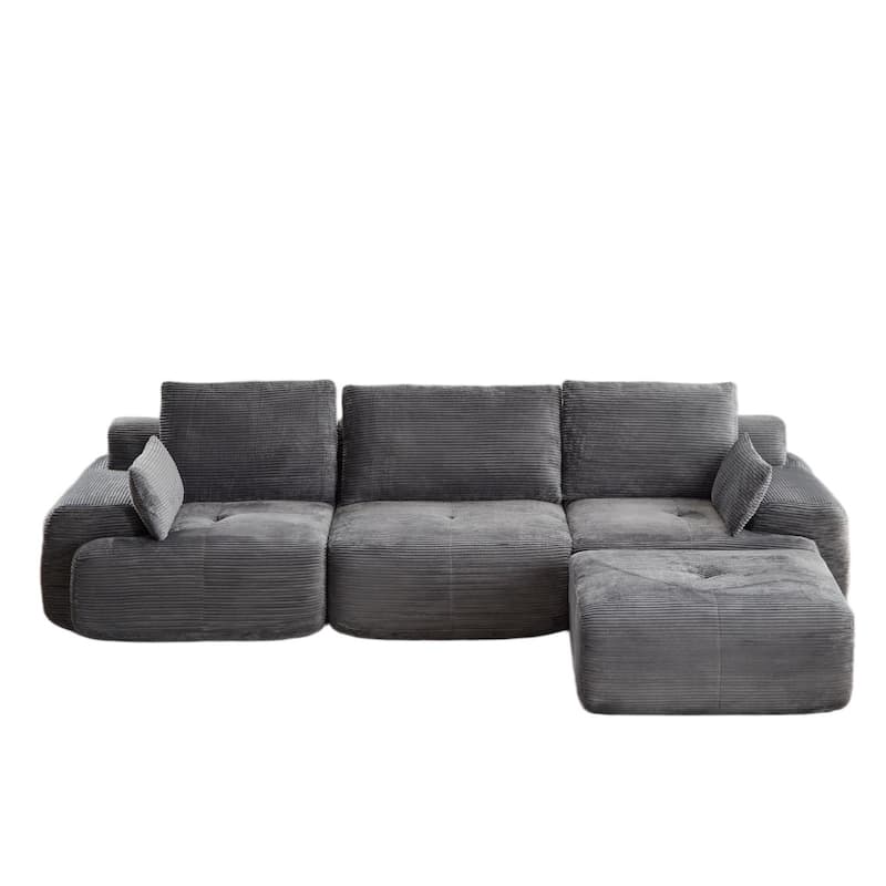 Ergonomic Deep Seat L-shaped Sectional Sofa with Chaise, Pet-Friendly Corduroy Modular Memory Foam Compressed Couch with Ottoman