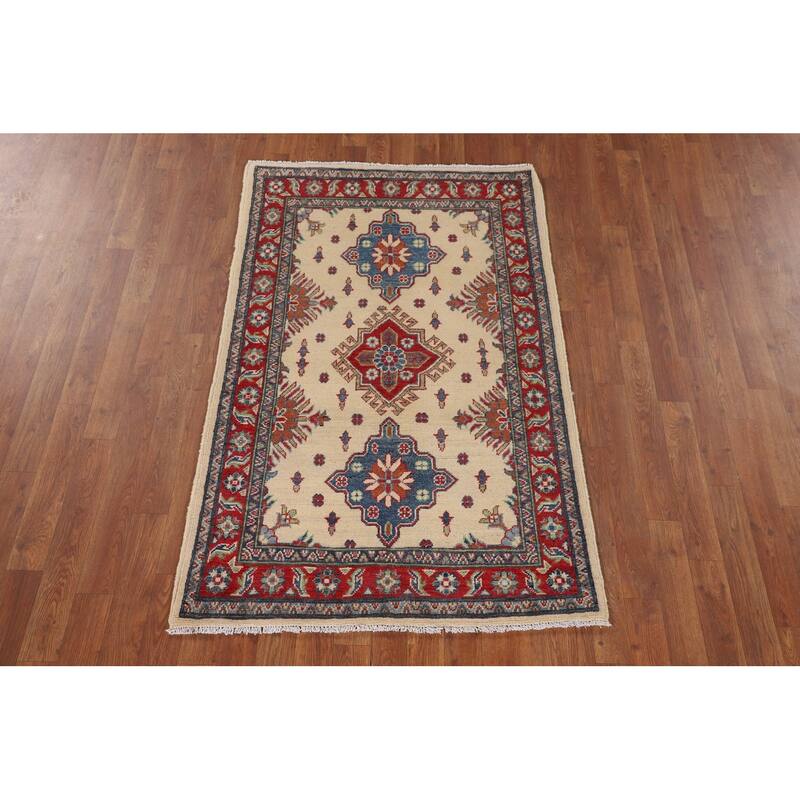 Beige / Ivory Geometric Kazak Oriental Accent Rug Handmade Wool Carpet - 3'2" x 5'0"