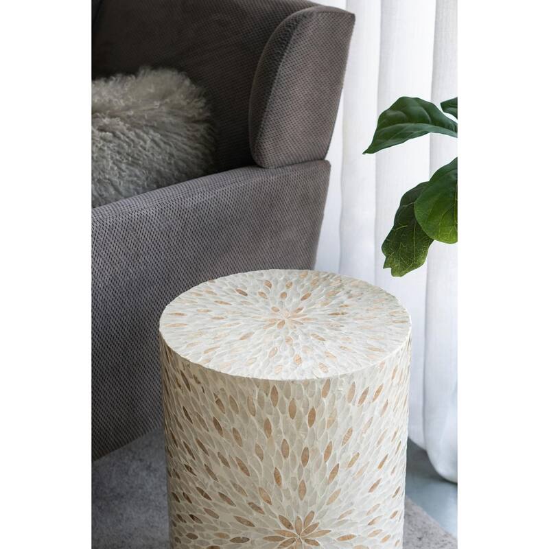 Decorative Drum Accent Stool - Capiz Shell Starburst, End Table, Side Table - 14x14x20"