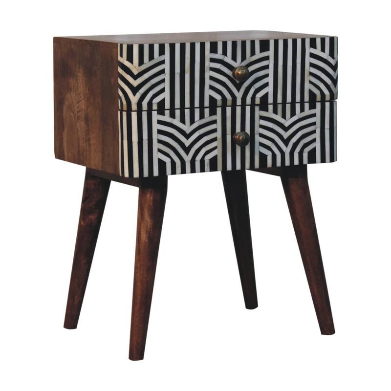 HomeRoots 23" Black White And Brown Solid Wood Geometric Bone Inlay Two Drawer Nightstand