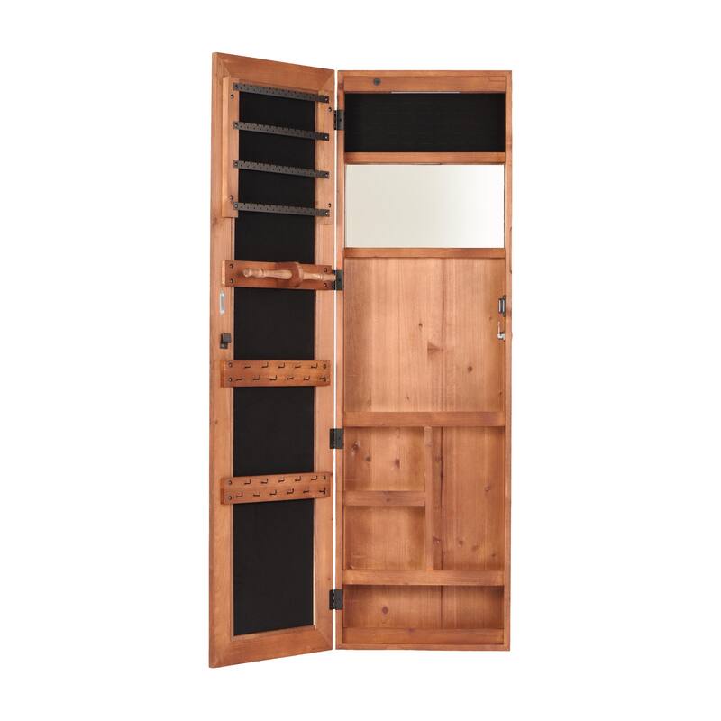 Solid Wood Jewelry Armoire Organizer Cabinet with Full-Length Mirror, 47.5x14.3 in Wall-Mounted Lockable with LED Light