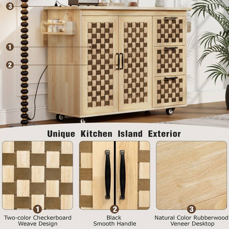 Farmhouse Kitchen Island with Drop Leaf, Storage, Drawers, Adjustable Shelves, Spice Rack & USB Charging Ports