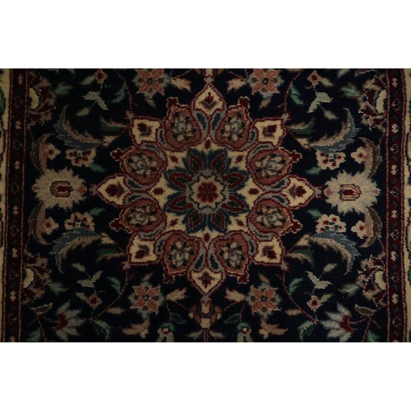 Hand Knotted Oriental 100% Wool Carpet Traditional Floral Navy Blue & Blues Kashan Runner Rug - 13' 10'' X 2' 7''