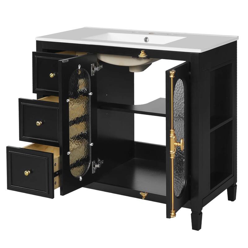 Bathroom Vanity with Sink, Freestanding Bathroom Storage Cabinet, Bathroom Vanity Set with 2 Soft Close Glass Doors & 3 Drawers
