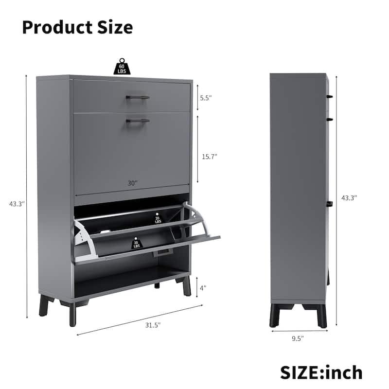 GDF Studio - Modern Shoe Storage Cabinet with 2 Flip Drawers and Hidden Organizer