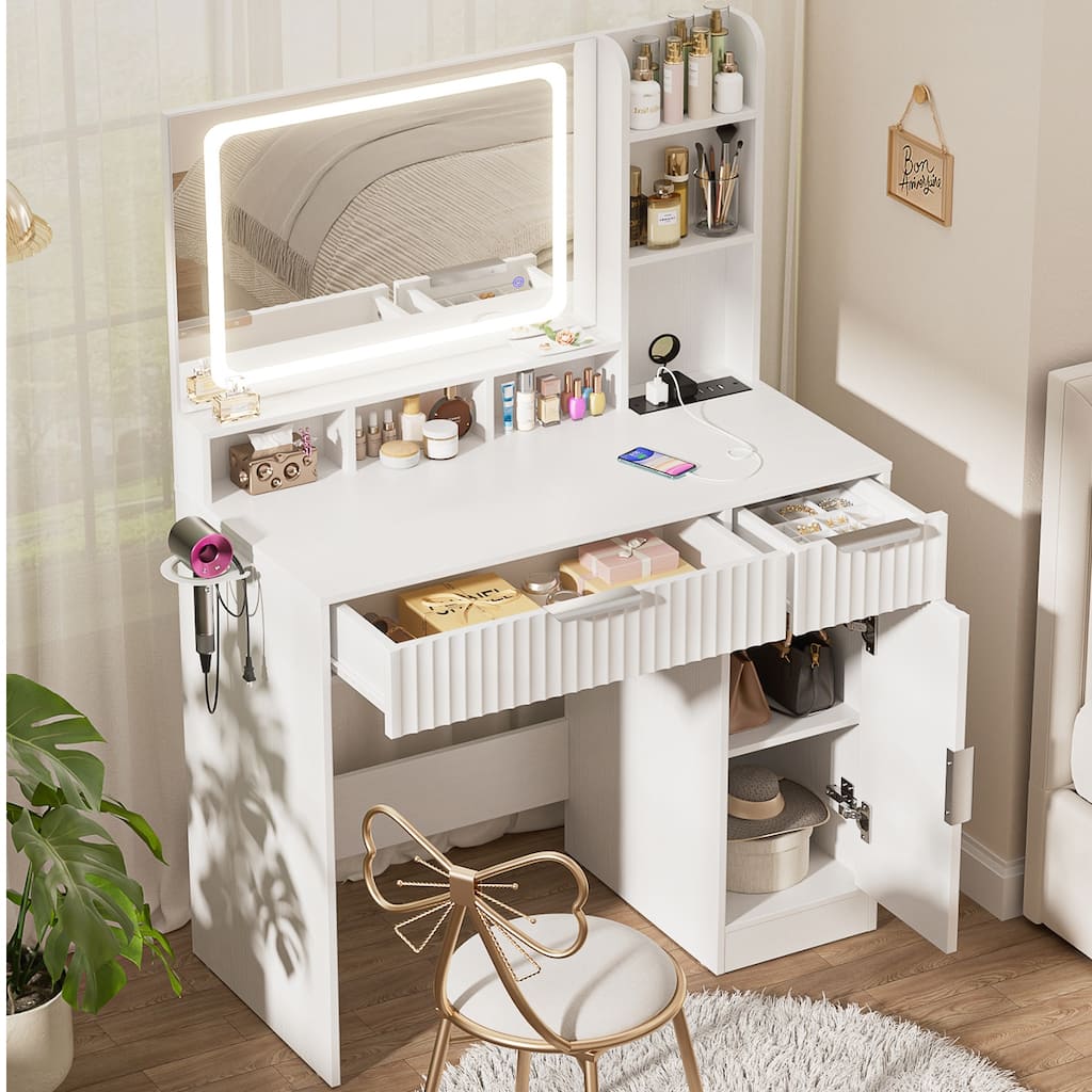 Modern Vanity Desk with LED Mirror, Makeup Vanity Table with Storage Drawers and Cabinet