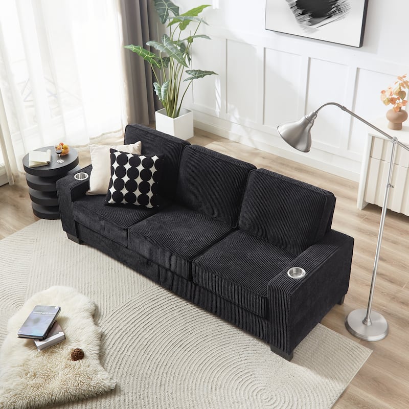 84.25" Corduroy 3-Seater Sofa, Cup Holder Armrests and Spring Cushions