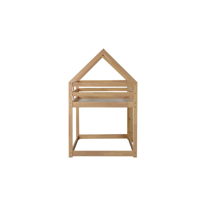 Twin over Twin Rubber Wood Floor Bunk Bed, with ladder,Guardrails,House-Shaped-Bunk Bed