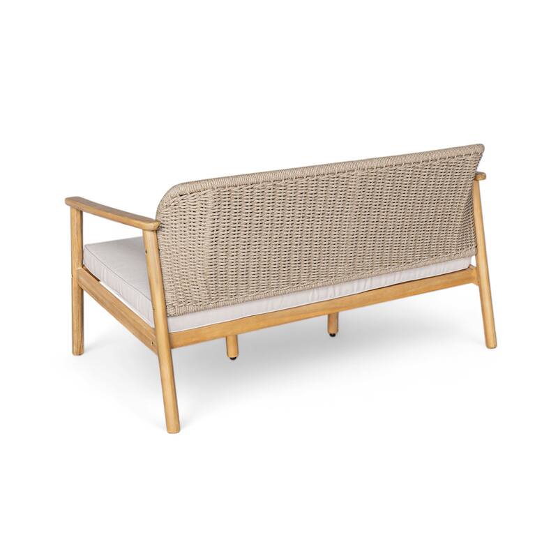 Christopher Knight Home - Camille 2-Piece Outdoor Acacia Wood Conversation Set with Woven Rope Backrest & Coffee Table