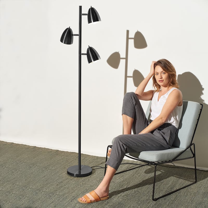 Brightech Jacob 64 in. Classic Black Mid-Century Modern 3-Light Adjustable LED Floor Lamp with 3 Black Metal Cone Shades