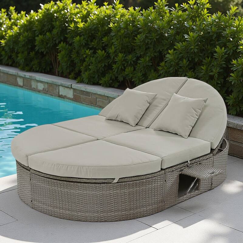 Outdoor Patio Rattan Round Daybed Sunbed with Adjustable Backrests and Foldable Cup Trays - Gray
