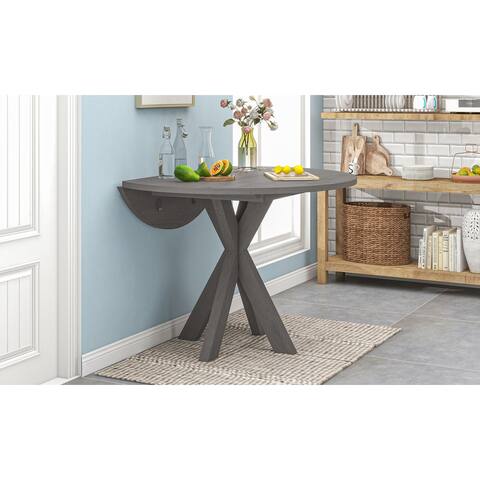 Farmhouse 42" Round Wood Dining Table with Drop Leaf for Small Places, Grey
