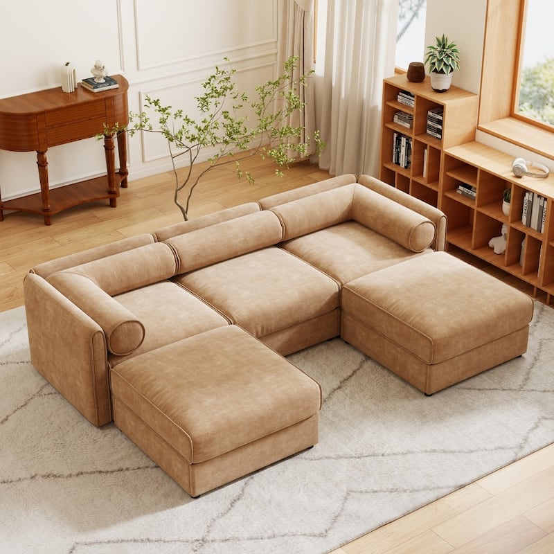 Modern 3-seater Chenille Sectional Sofa with Hidden Storage Seats & Ottoman
