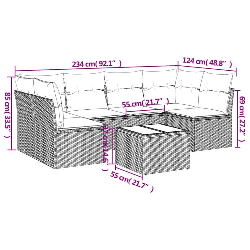 vidaXL 7 Piece Patio Sofa Set with Cushions Black Poly Rattan - 92.1x27.2x48.8-With table